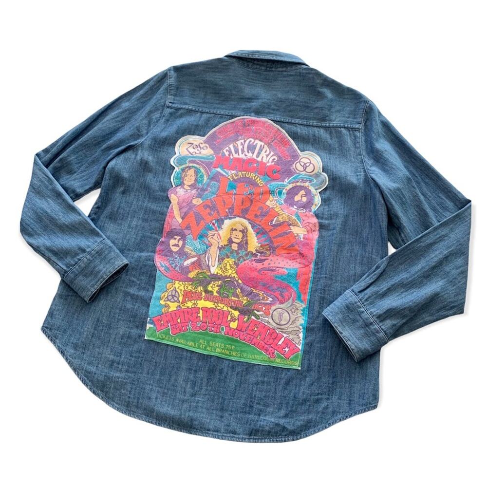 Via Penny Lane Reworked Apparel | Led Zeppelin Denim Button Up Shirt